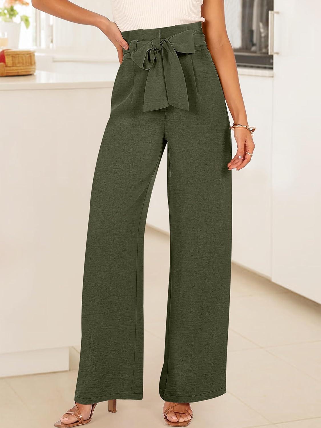 imageANRABESS Womens Wide Leg Palazzo Pants Belted High Waisted Business Casual Flowy Long Trousers with PocketsArmy Green