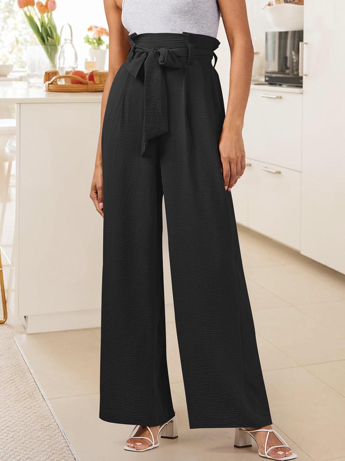 imageANRABESS Womens Wide Leg Palazzo Pants Belted High Waisted Business Casual Flowy Long Trousers with PocketsBlack