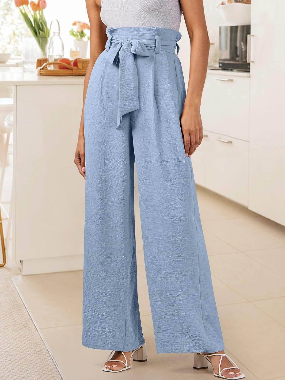 imageANRABESS Womens Wide Leg Palazzo Pants Belted High Waisted Business Casual Flowy Long Trousers with PocketsBlue