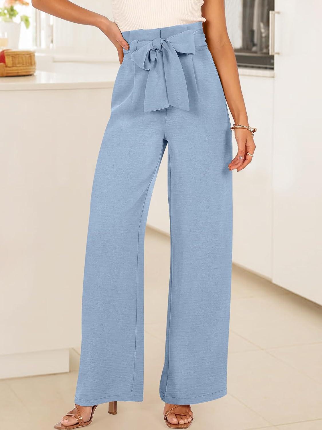 imageANRABESS Womens Wide Leg Palazzo Pants Belted High Waisted Business Casual Flowy Long Trousers with PocketsBlue