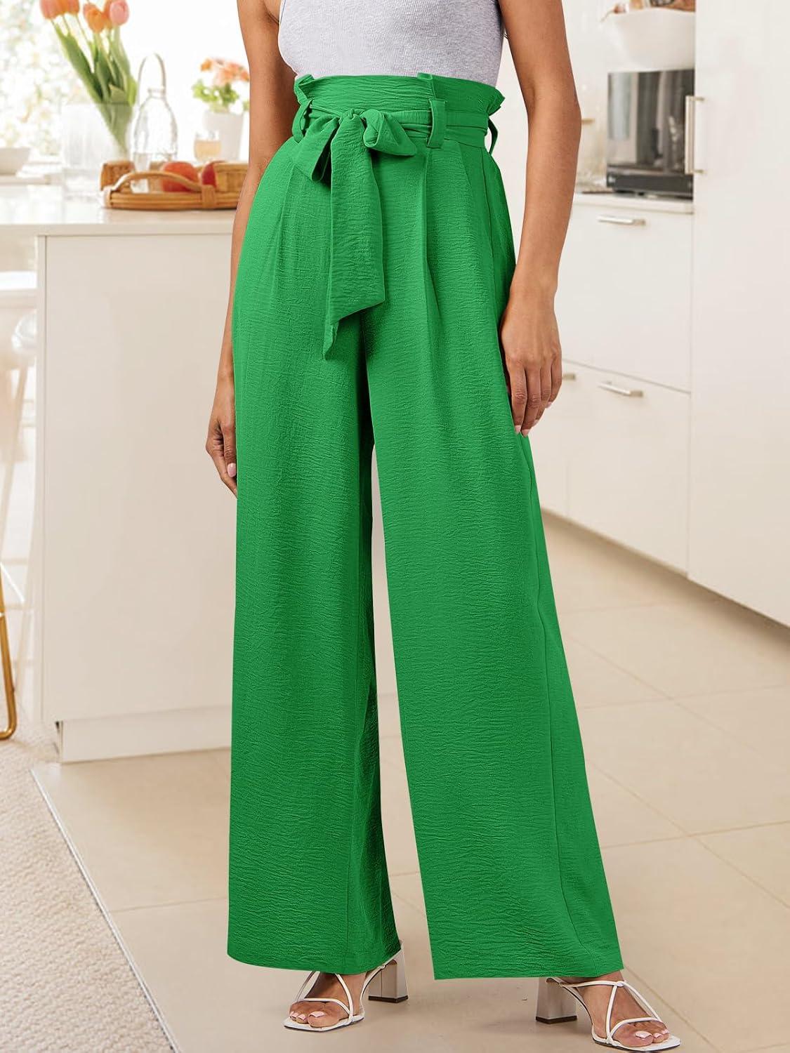imageANRABESS Womens Wide Leg Palazzo Pants Belted High Waisted Business Casual Flowy Long Trousers with PocketsGreen