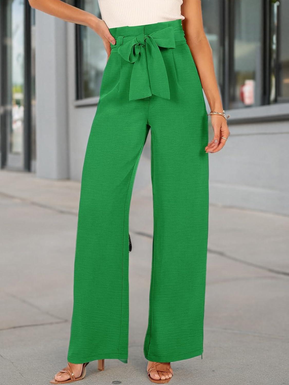 imageANRABESS Womens Wide Leg Palazzo Pants Belted High Waisted Business Casual Flowy Long Trousers with PocketsGreen