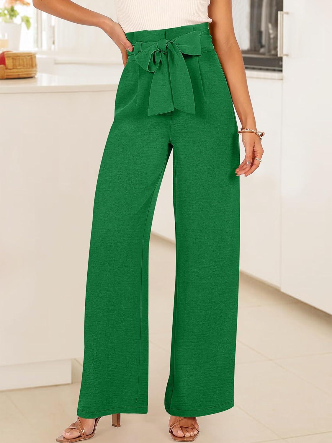 imageANRABESS Womens Wide Leg Palazzo Pants Belted High Waisted Business Casual Flowy Long Trousers with PocketsGreen