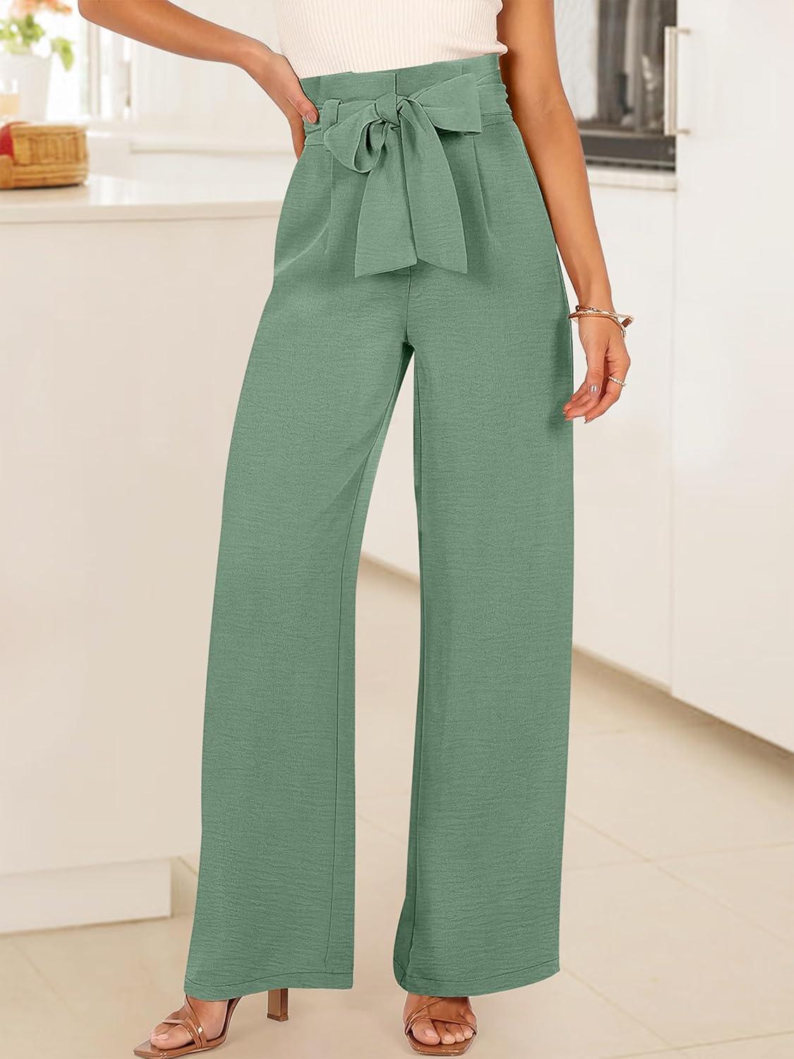 imageANRABESS Womens Wide Leg Palazzo Pants Belted High Waisted Business Casual Flowy Long Trousers with PocketsLight Green