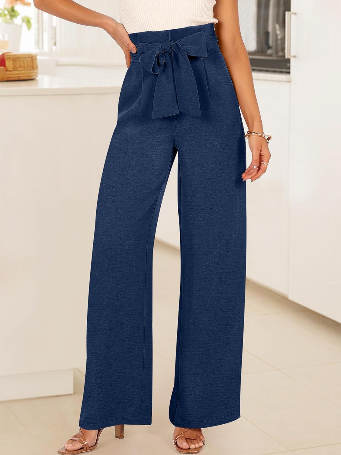 imageANRABESS Womens Wide Leg Palazzo Pants Belted High Waisted Business Casual Flowy Long Trousers with PocketsNavy Blue