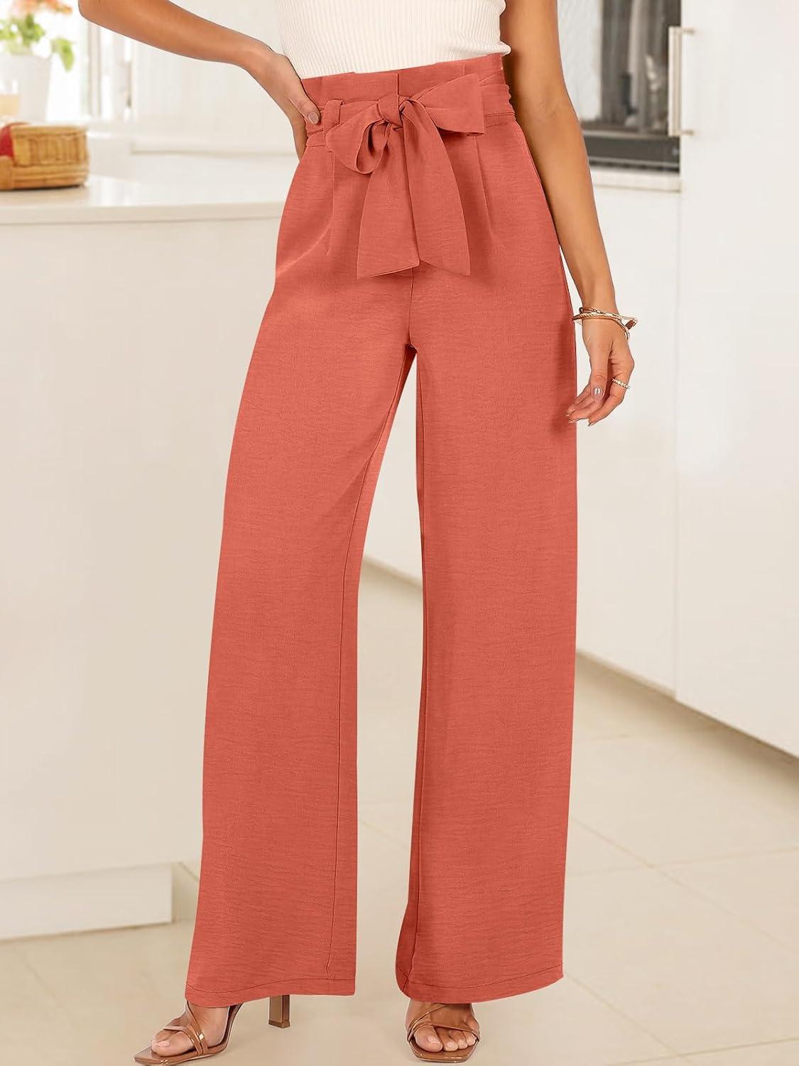 imageANRABESS Womens Wide Leg Palazzo Pants Belted High Waisted Business Casual Flowy Long Trousers with PocketsOrange Red