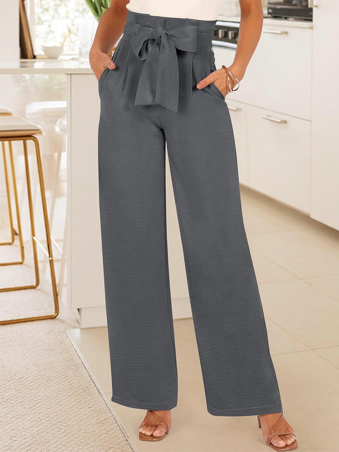 imageANRABESS Womens Wide Leg Palazzo Pants Belted High Waisted Business Casual Flowy Long Trousers with PocketsSmoky Grey