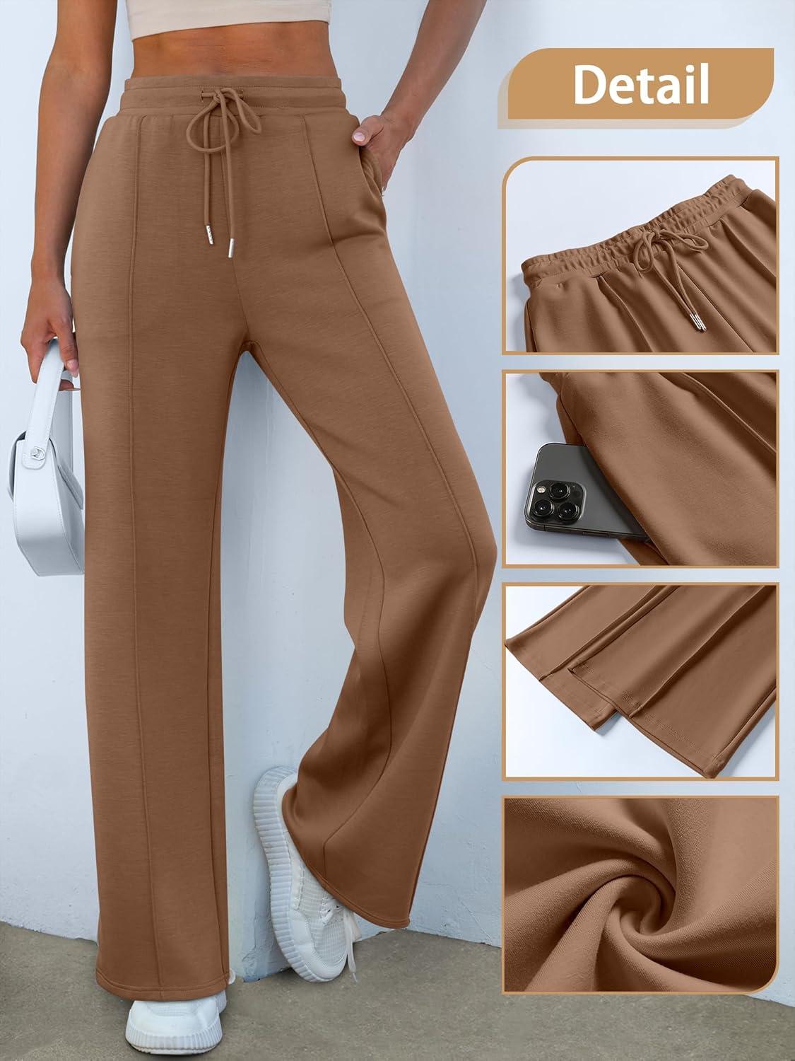 imageANRABESS Womens Wide Leg Sweatpants High Waist Baggy Flared Pants Drawstring Athletic Joggers Sweat PantsBrown