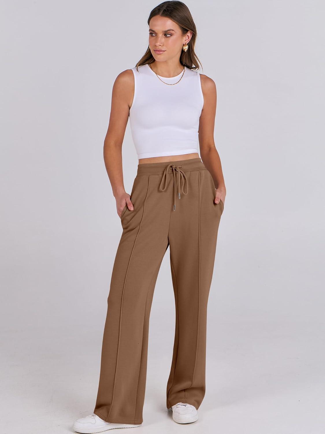 imageANRABESS Womens Wide Leg Sweatpants High Waist Baggy Flared Pants Drawstring Athletic Joggers Sweat PantsBrown