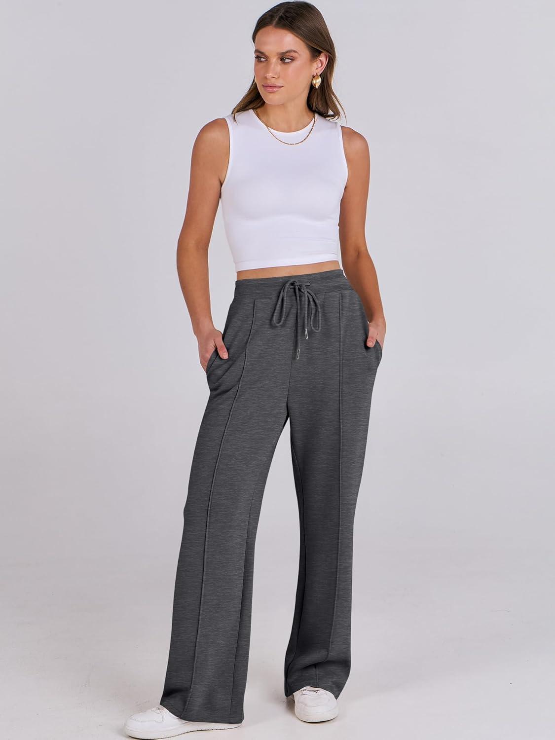 imageANRABESS Womens Wide Leg Sweatpants High Waist Baggy Flared Pants Drawstring Athletic Joggers Sweat PantsDark Grey