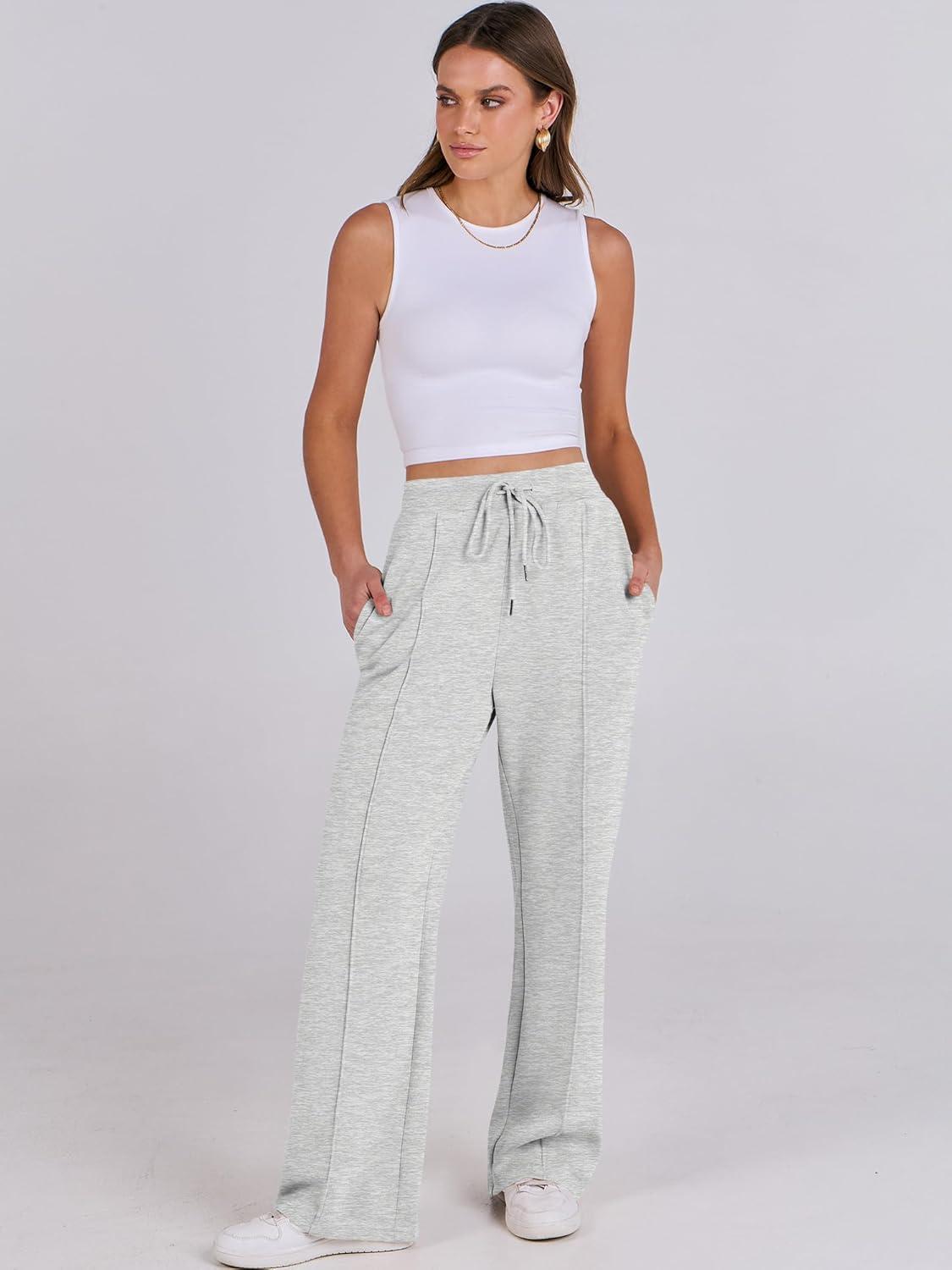 imageANRABESS Womens Wide Leg Sweatpants High Waist Baggy Flared Pants Drawstring Athletic Joggers Sweat PantsLight Grey