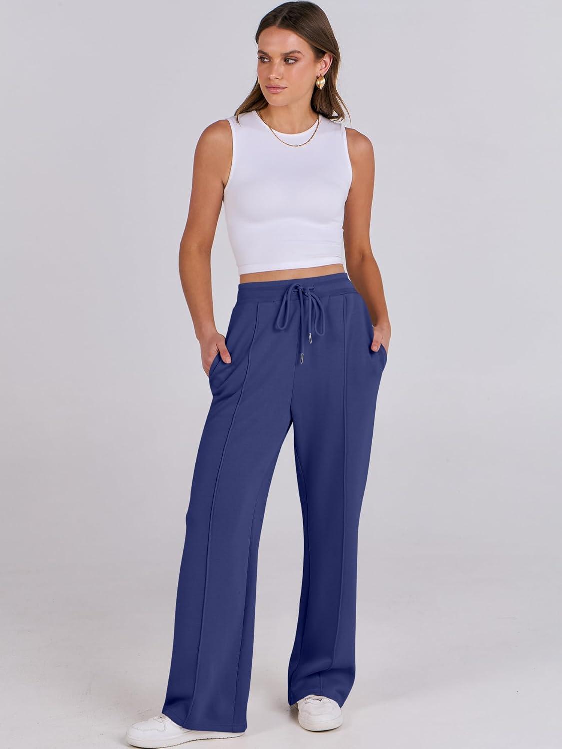 imageANRABESS Womens Wide Leg Sweatpants High Waist Baggy Flared Pants Drawstring Athletic Joggers Sweat PantsNavy Blue