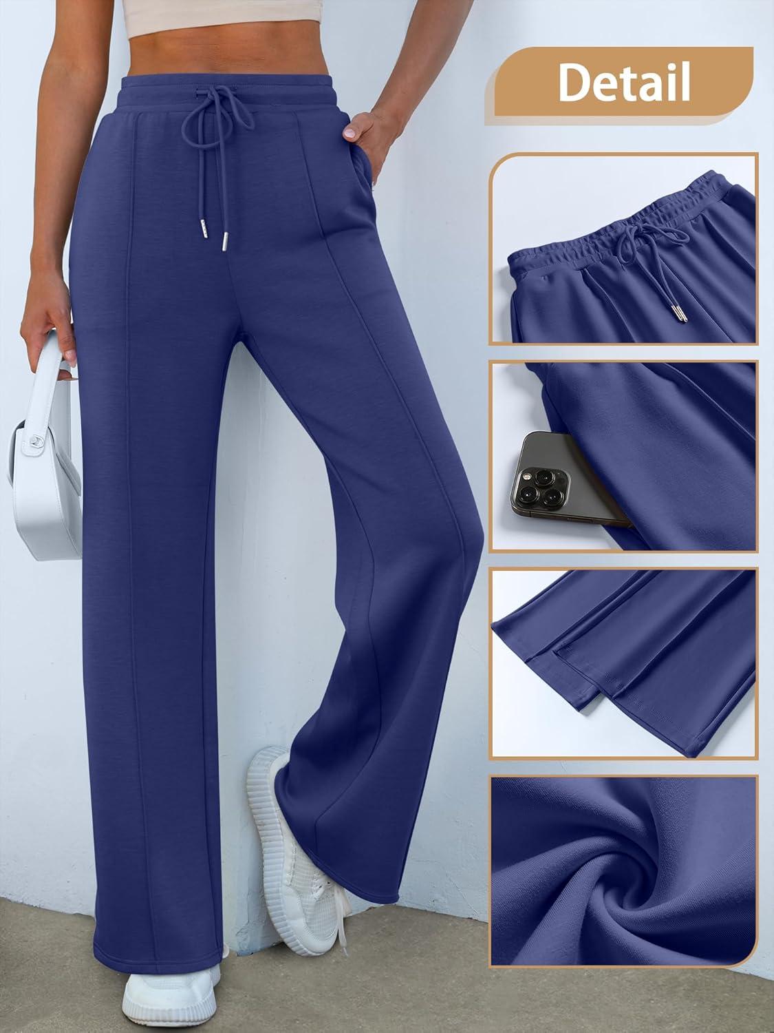 imageANRABESS Womens Wide Leg Sweatpants High Waist Baggy Flared Pants Drawstring Athletic Joggers Sweat PantsNavy Blue