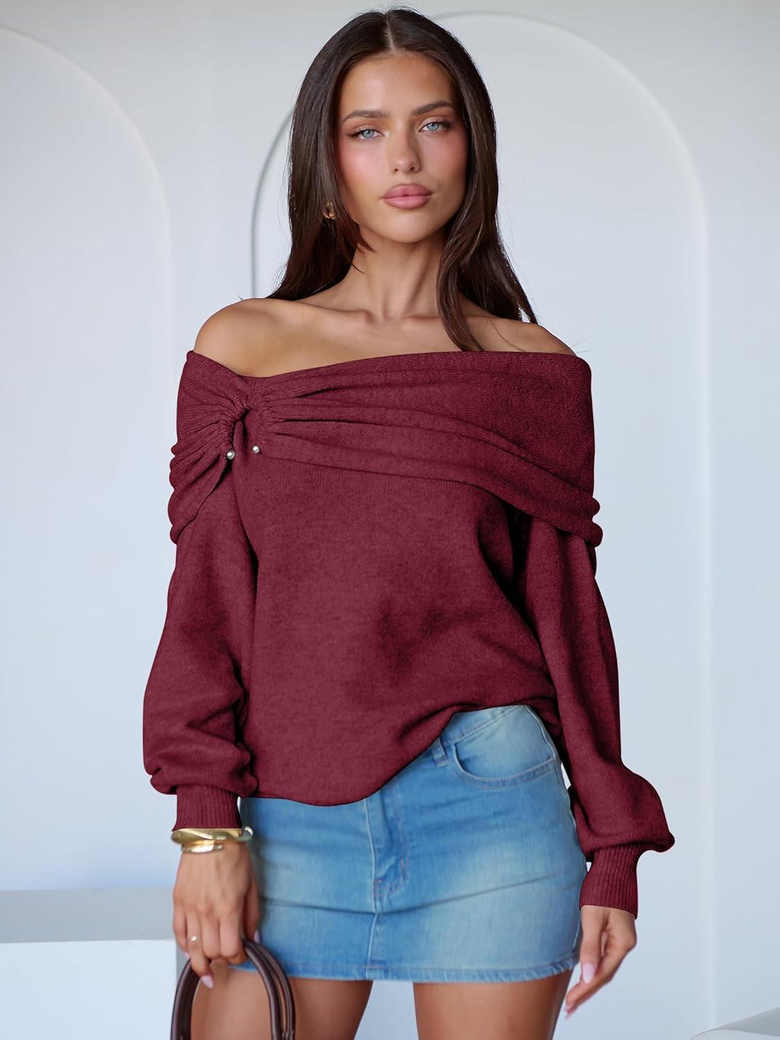 imageANRABESS Womens Wool Blend Off The Shoulder Long Sleeve Soft Knit Sweaters 2025 Fall OutfitsBerry Red