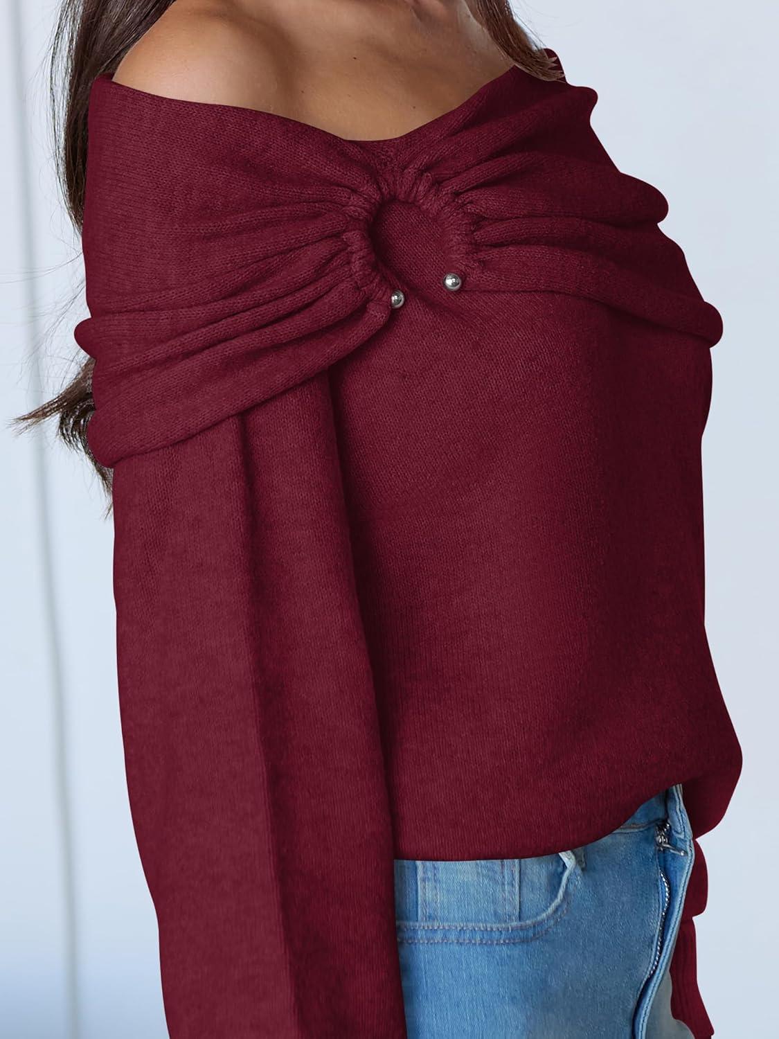 imageANRABESS Womens Wool Blend Off The Shoulder Long Sleeve Soft Knit Sweaters 2025 Fall OutfitsBerry Red