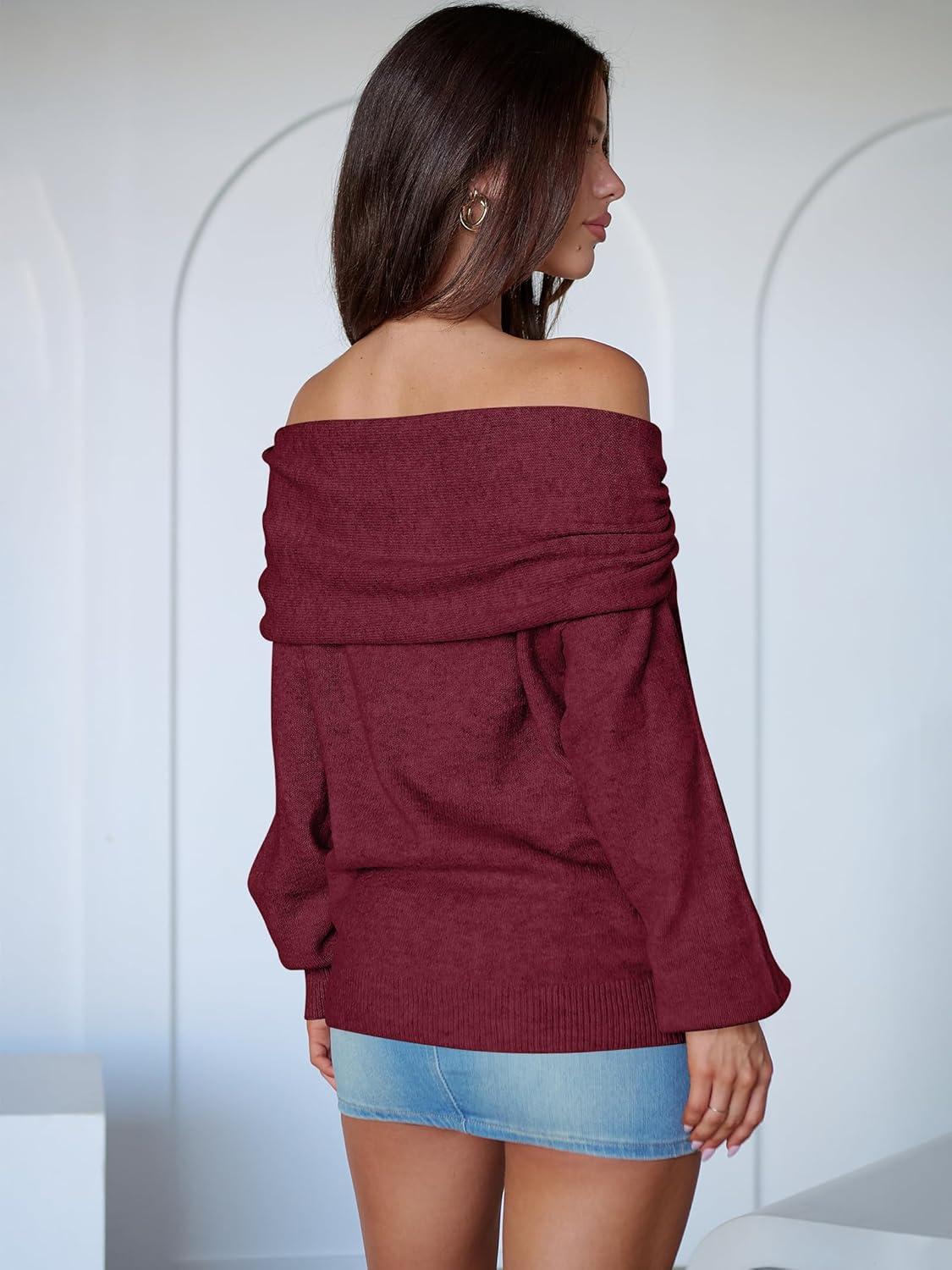 imageANRABESS Womens Wool Blend Off The Shoulder Long Sleeve Soft Knit Sweaters 2025 Fall OutfitsBerry Red