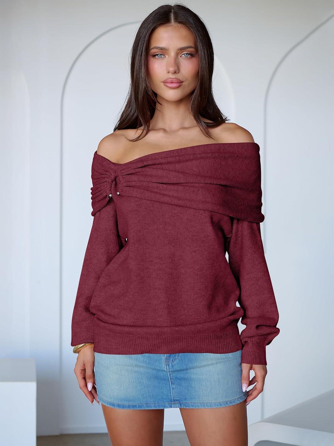 imageANRABESS Womens Wool Blend Off The Shoulder Long Sleeve Soft Knit Sweaters 2025 Fall OutfitsBerry Red
