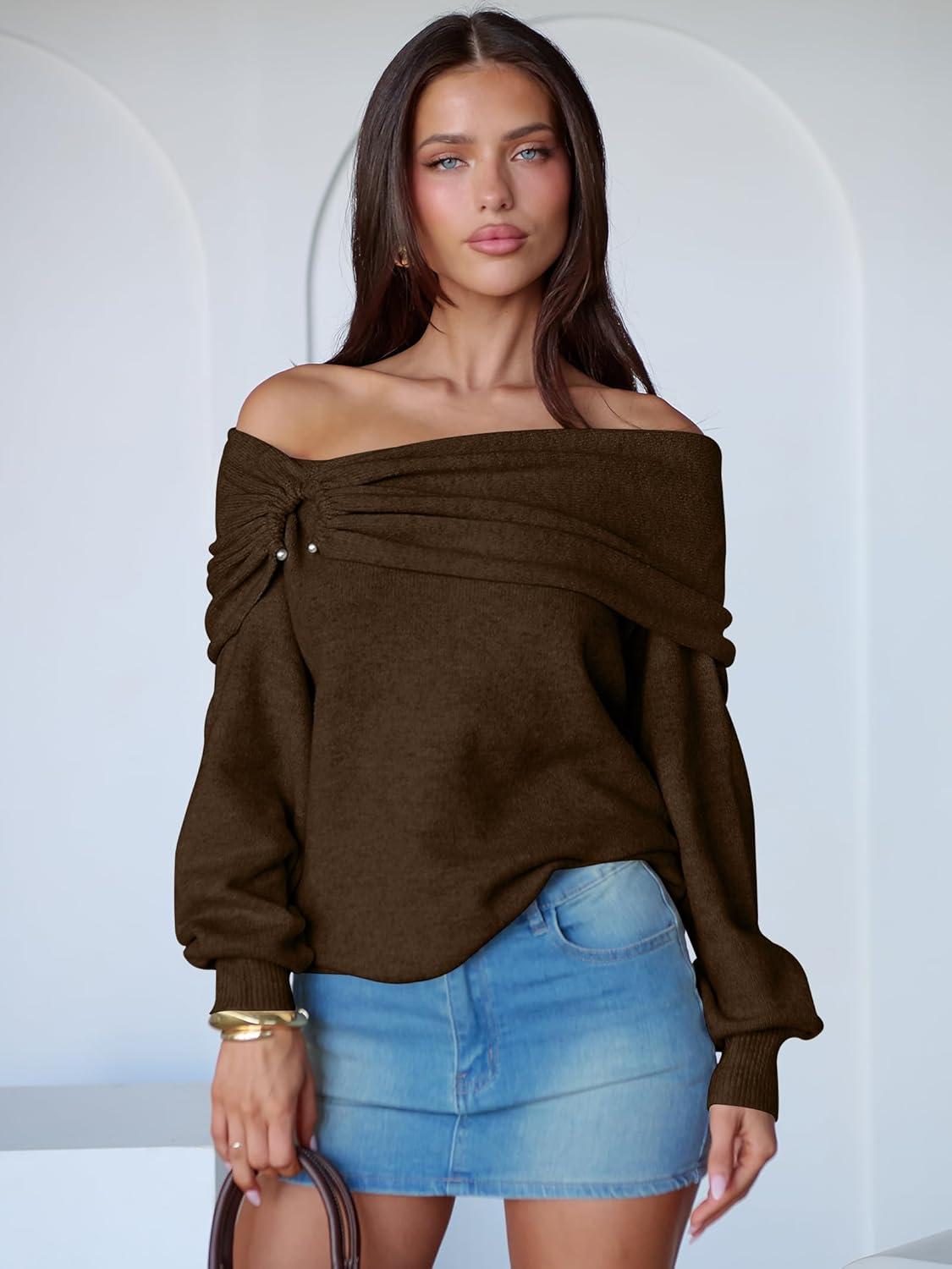 imageANRABESS Womens Wool Blend Off The Shoulder Long Sleeve Soft Knit Sweaters 2025 Fall OutfitsMocha