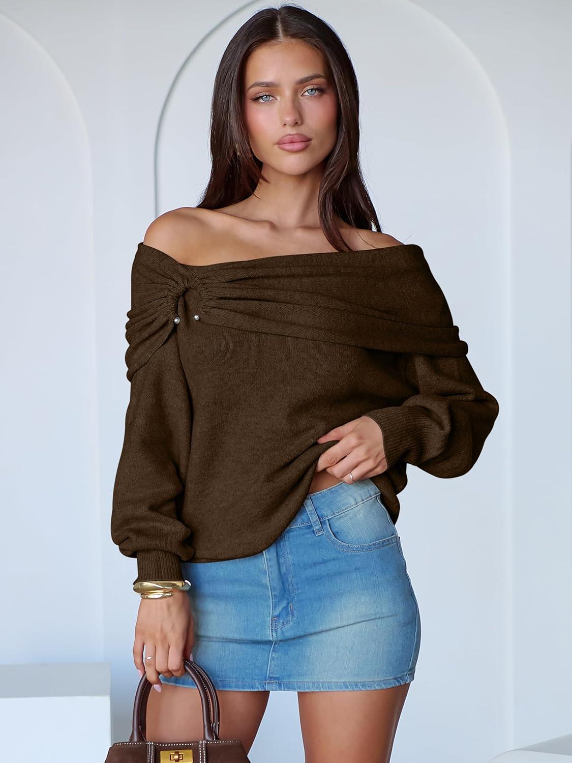 imageANRABESS Womens Wool Blend Off The Shoulder Long Sleeve Soft Knit Sweaters 2025 Fall OutfitsMocha