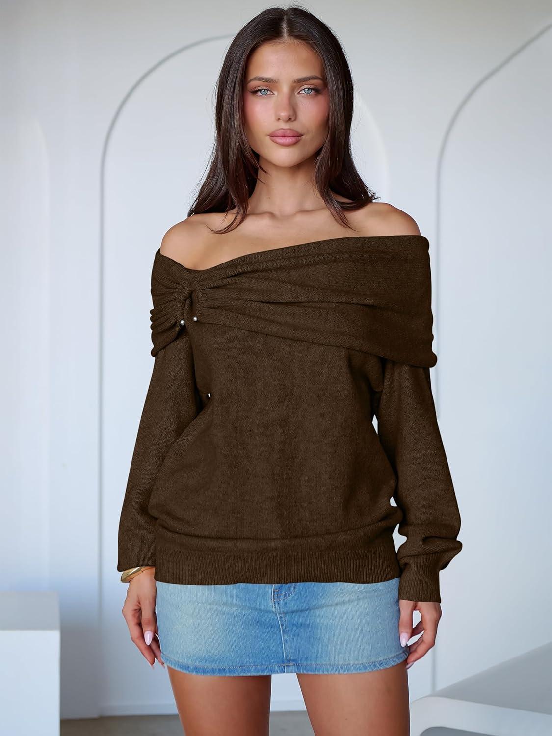imageANRABESS Womens Wool Blend Off The Shoulder Long Sleeve Soft Knit Sweaters 2025 Fall OutfitsMocha