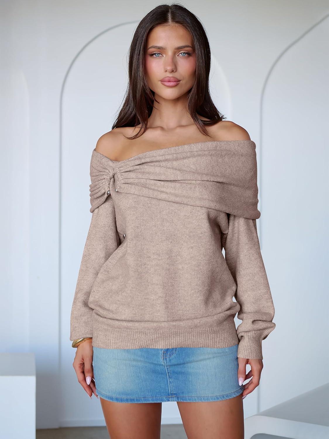 imageANRABESS Womens Wool Blend Off The Shoulder Long Sleeve Soft Knit Sweaters 2025 Fall OutfitsWarm Khaki