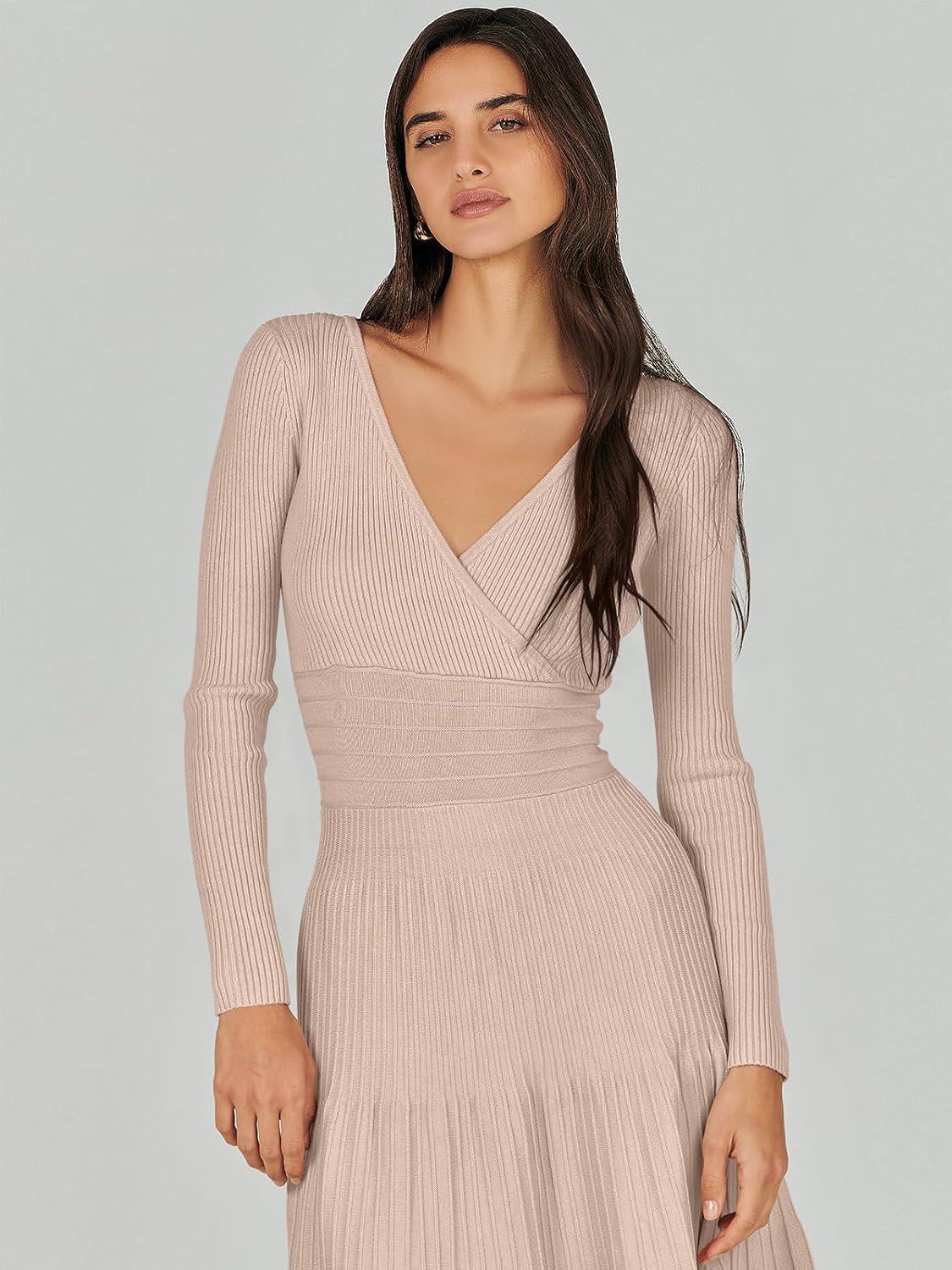 imageANRABESS Womens Wrap Midi Sweater Dresses Long Sleeve V Neck Ribbed Knit Bodycon High Waist Pleated ALine Dress 2025 TrendyAlmond