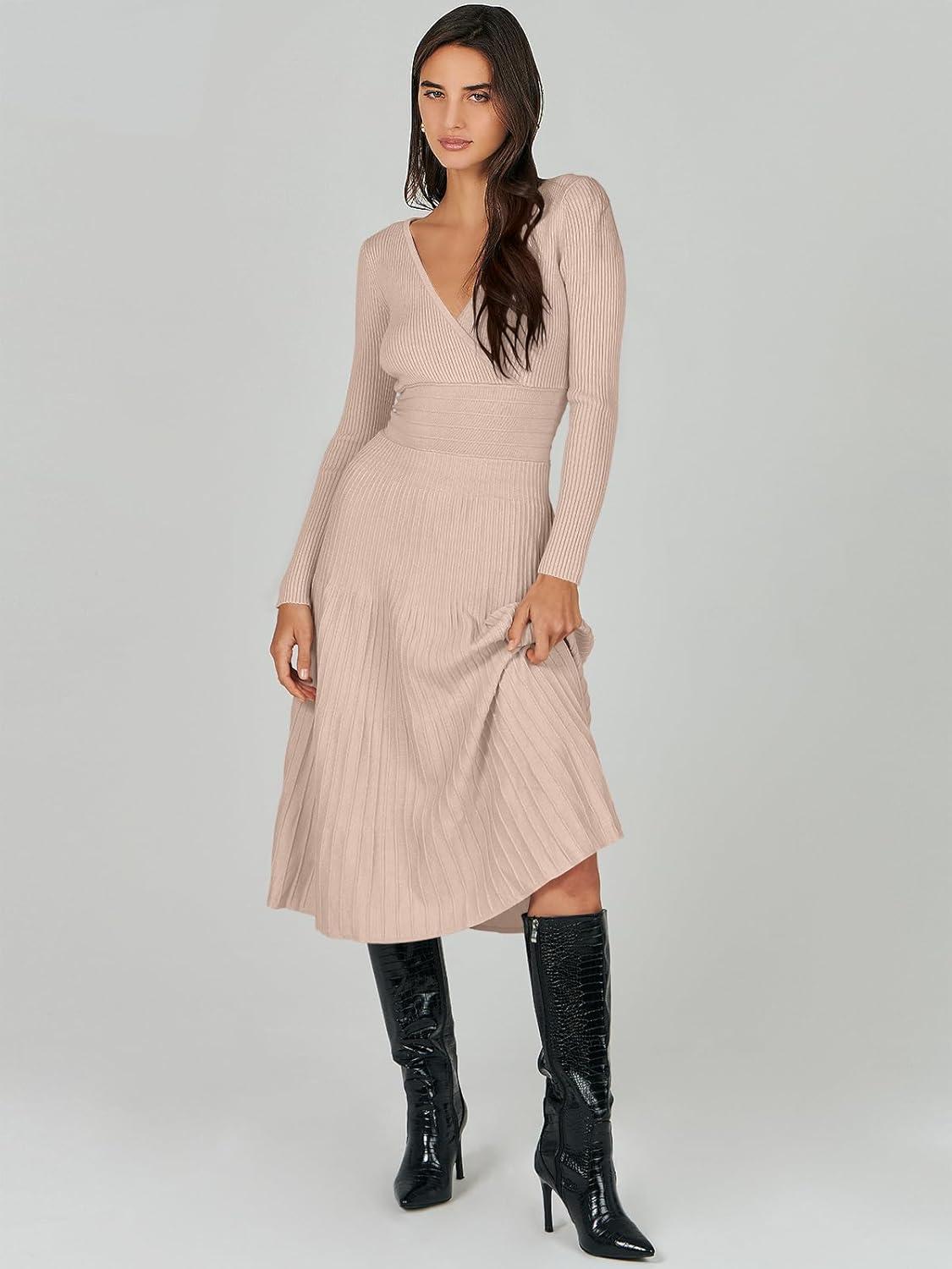 imageANRABESS Womens Wrap Midi Sweater Dresses Long Sleeve V Neck Ribbed Knit Bodycon High Waist Pleated ALine Dress 2025 TrendyAlmond