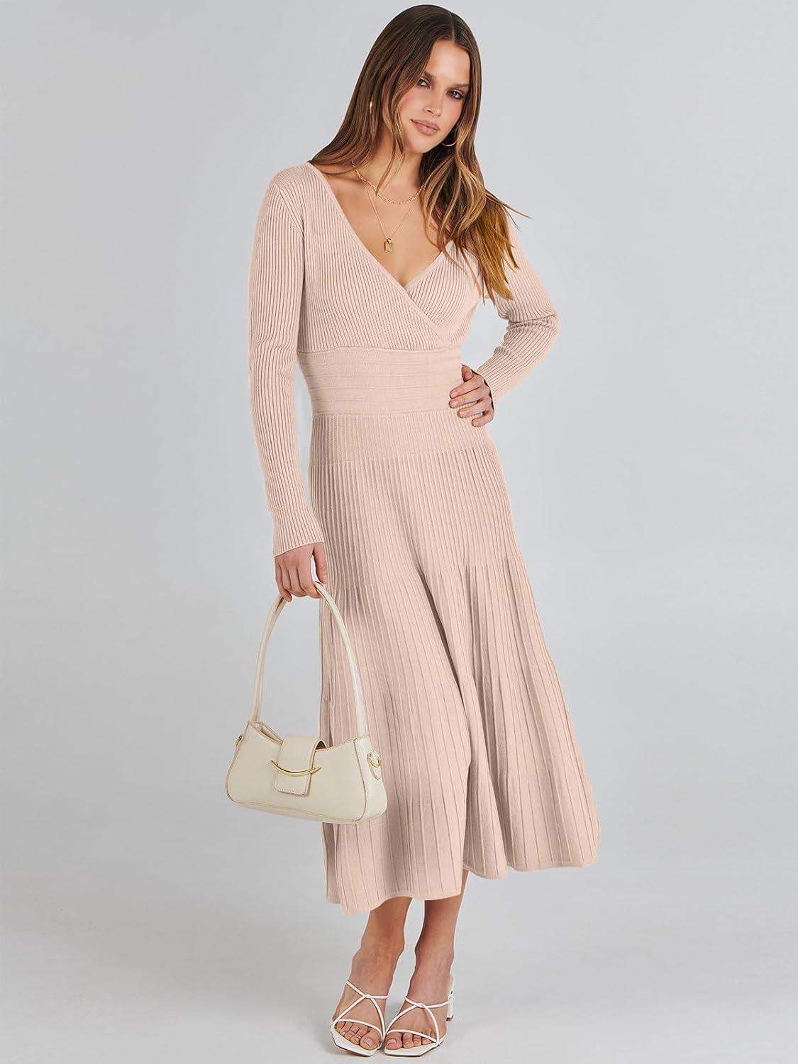 imageANRABESS Womens Wrap Midi Sweater Dresses Long Sleeve V Neck Ribbed Knit Bodycon High Waist Pleated ALine Dress 2025 TrendyAlmond