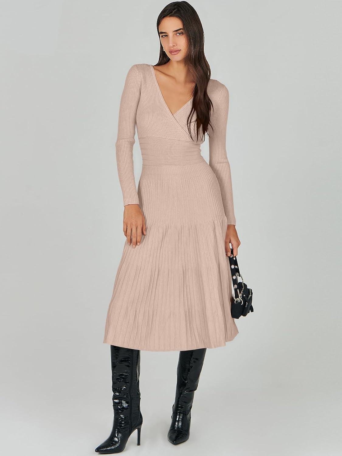imageANRABESS Womens Wrap Midi Sweater Dresses Long Sleeve V Neck Ribbed Knit Bodycon High Waist Pleated ALine Dress 2025 TrendyAlmond