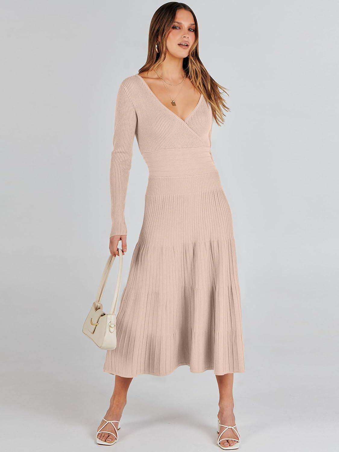 imageANRABESS Womens Wrap Midi Sweater Dresses Long Sleeve V Neck Ribbed Knit Bodycon High Waist Pleated ALine Dress 2025 TrendyAlmond