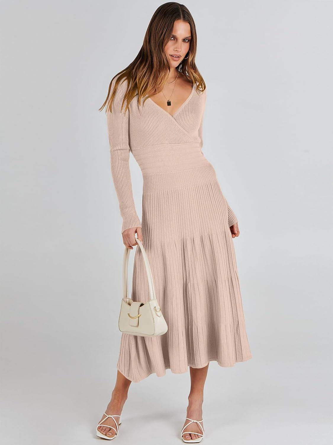 imageANRABESS Womens Wrap Midi Sweater Dresses Long Sleeve V Neck Ribbed Knit Bodycon High Waist Pleated ALine Dress 2025 TrendyAlmond