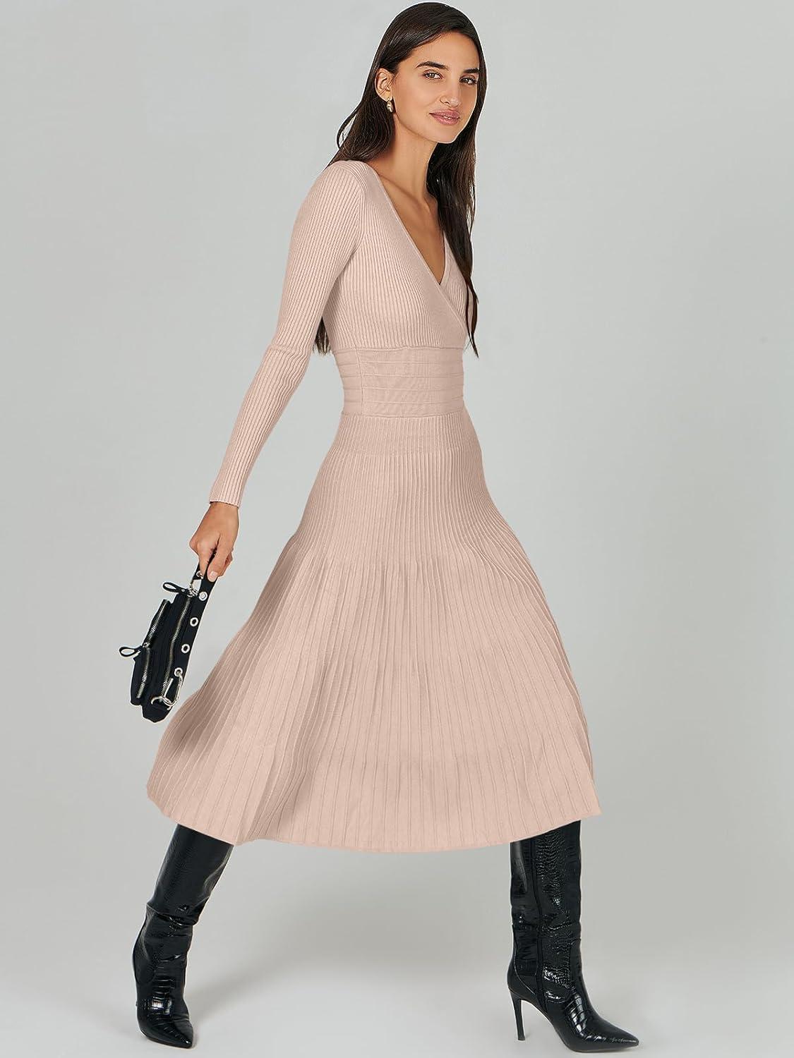 imageANRABESS Womens Wrap Midi Sweater Dresses Long Sleeve V Neck Ribbed Knit Bodycon High Waist Pleated ALine Dress 2025 TrendyAlmond