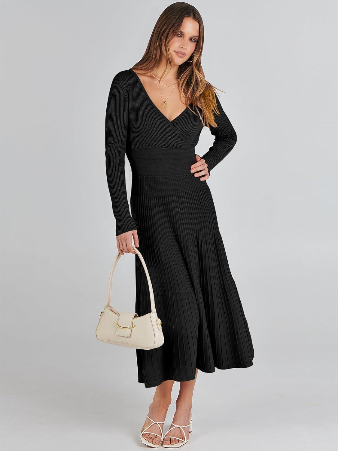 imageANRABESS Womens Wrap Midi Sweater Dresses Long Sleeve V Neck Ribbed Knit Bodycon High Waist Pleated ALine Dress 2025 TrendyBlack