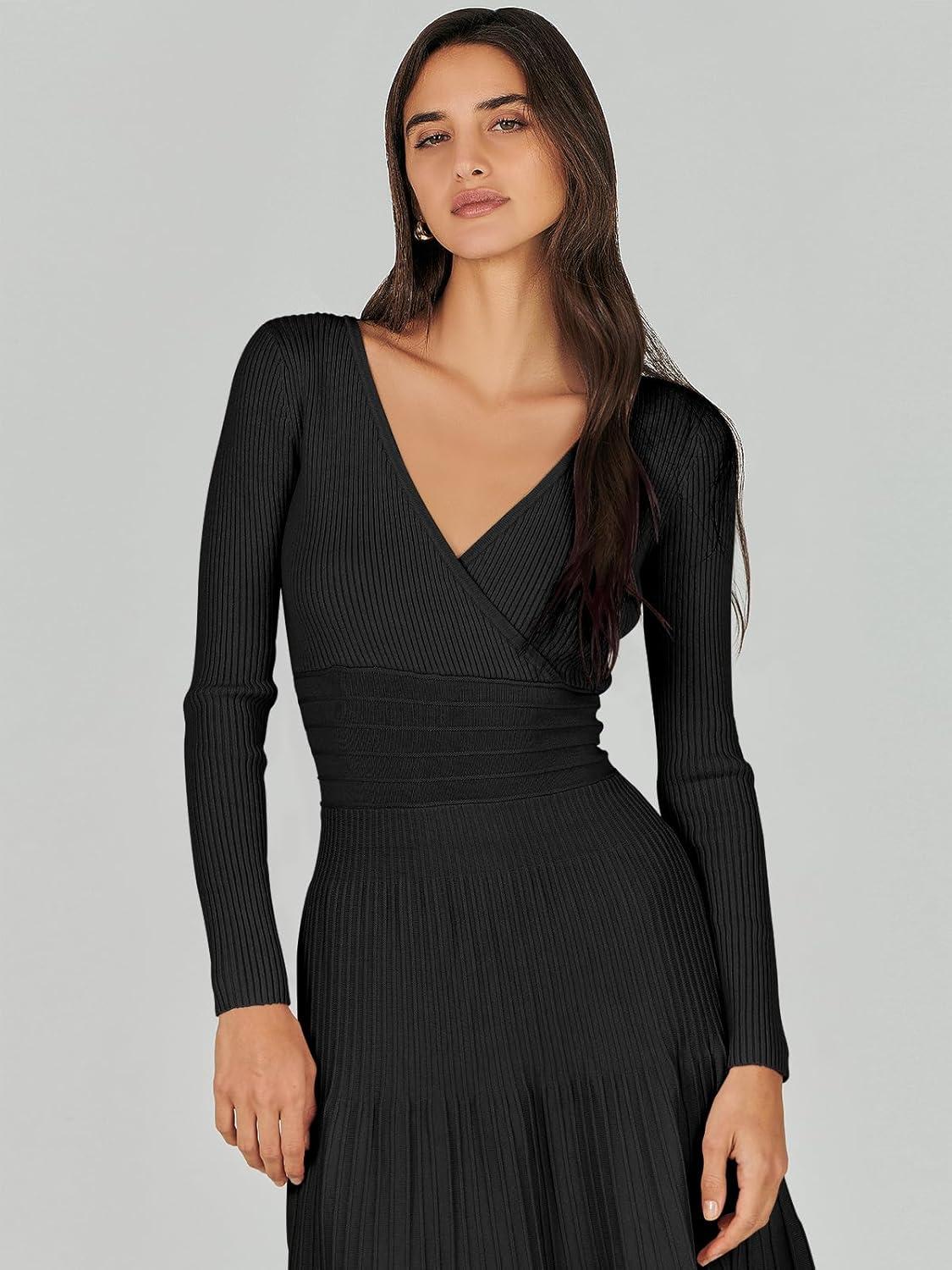 imageANRABESS Womens Wrap Midi Sweater Dresses Long Sleeve V Neck Ribbed Knit Bodycon High Waist Pleated ALine Dress 2025 TrendyBlack