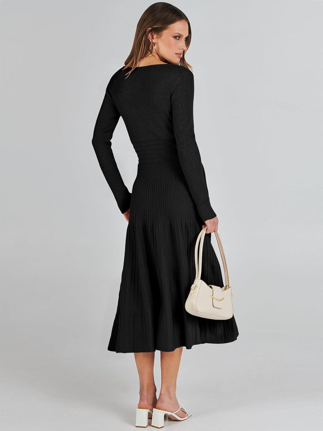 imageANRABESS Womens Wrap Midi Sweater Dresses Long Sleeve V Neck Ribbed Knit Bodycon High Waist Pleated ALine Dress 2025 TrendyBlack