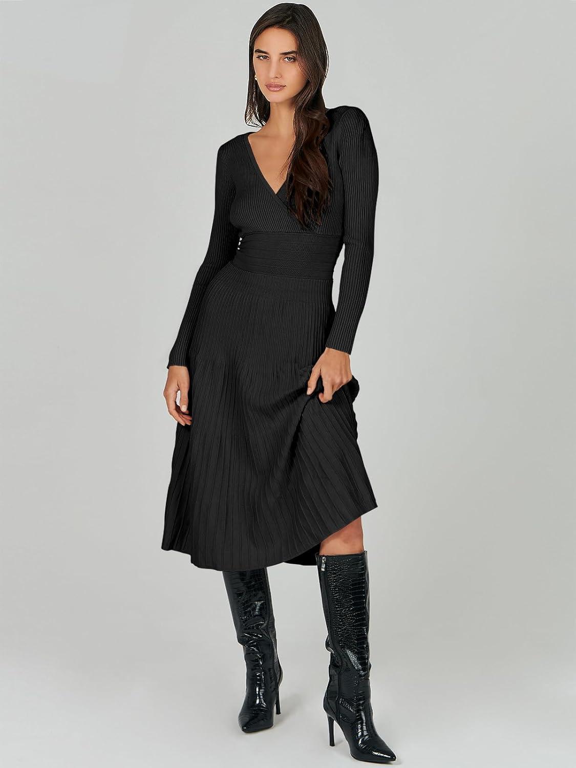 imageANRABESS Womens Wrap Midi Sweater Dresses Long Sleeve V Neck Ribbed Knit Bodycon High Waist Pleated ALine Dress 2025 TrendyBlack
