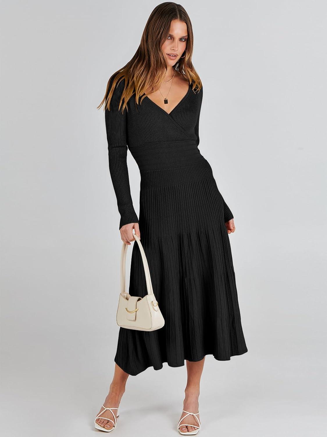 imageANRABESS Womens Wrap Midi Sweater Dresses Long Sleeve V Neck Ribbed Knit Bodycon High Waist Pleated ALine Dress 2025 TrendyBlack