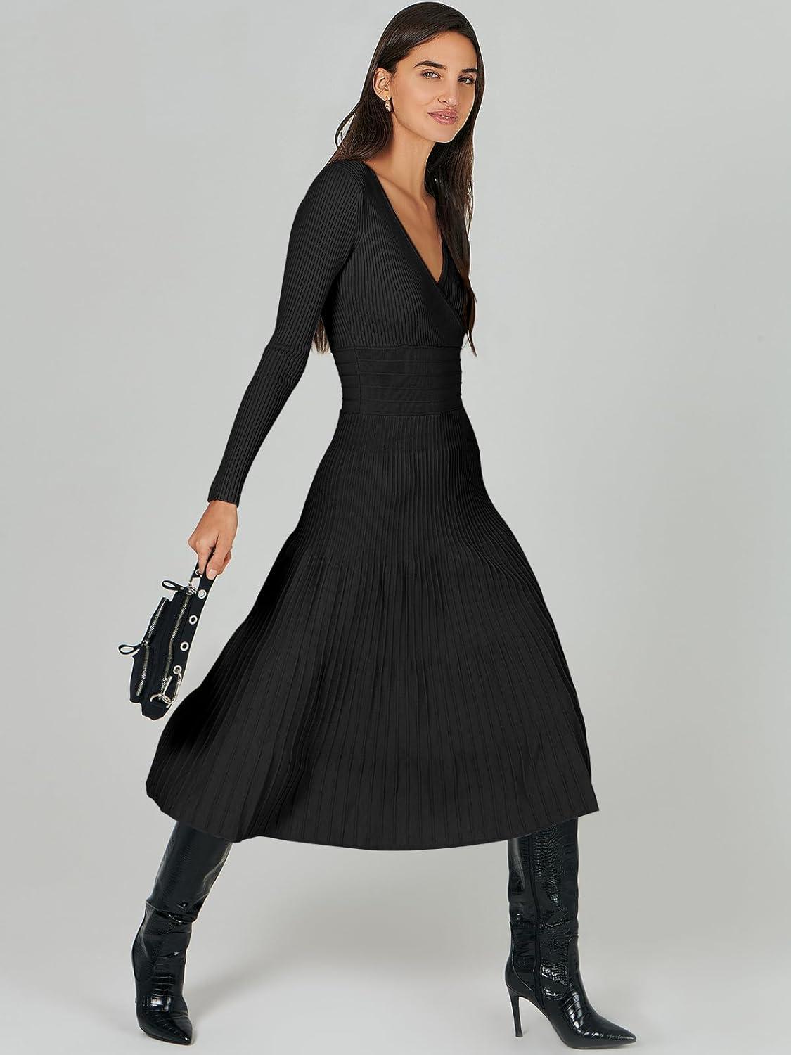 imageANRABESS Womens Wrap Midi Sweater Dresses Long Sleeve V Neck Ribbed Knit Bodycon High Waist Pleated ALine Dress 2025 TrendyBlack