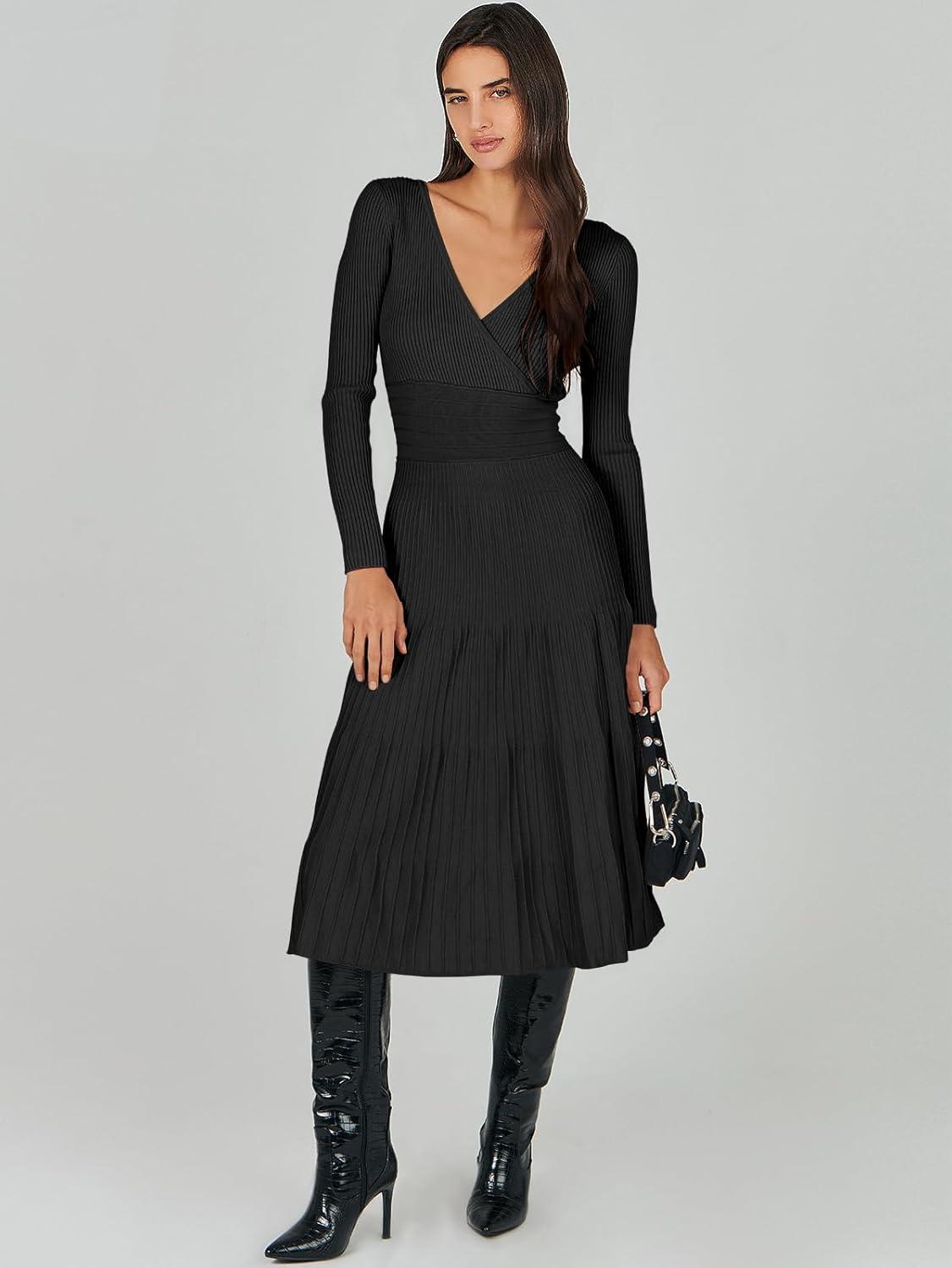 imageANRABESS Womens Wrap Midi Sweater Dresses Long Sleeve V Neck Ribbed Knit Bodycon High Waist Pleated ALine Dress 2025 TrendyBlack