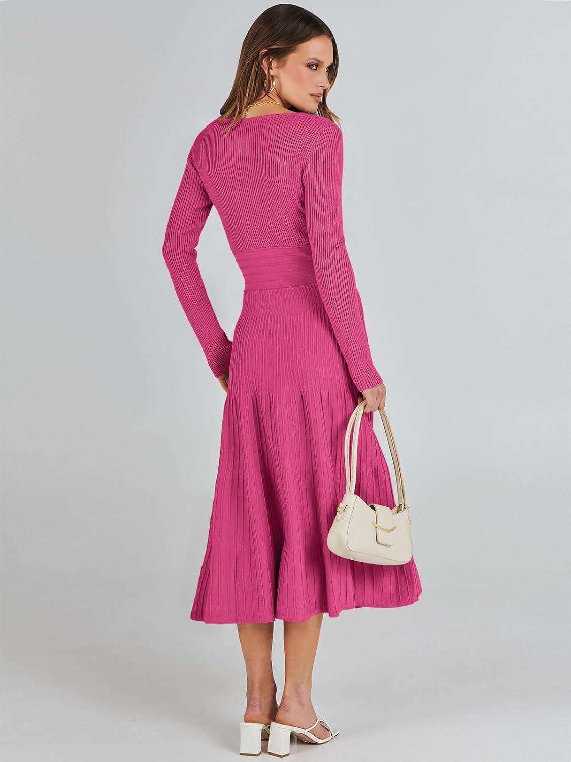 imageANRABESS Womens Wrap Midi Sweater Dresses Long Sleeve V Neck Ribbed Knit Bodycon High Waist Pleated ALine Dress 2025 TrendyHot Pink