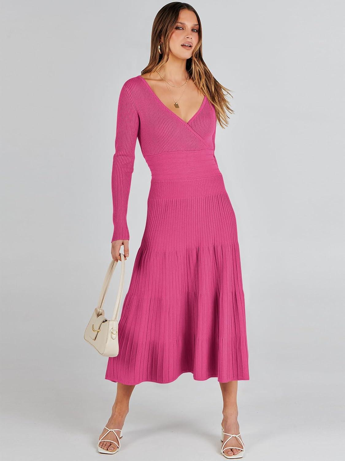 imageANRABESS Womens Wrap Midi Sweater Dresses Long Sleeve V Neck Ribbed Knit Bodycon High Waist Pleated ALine Dress 2025 TrendyHot Pink
