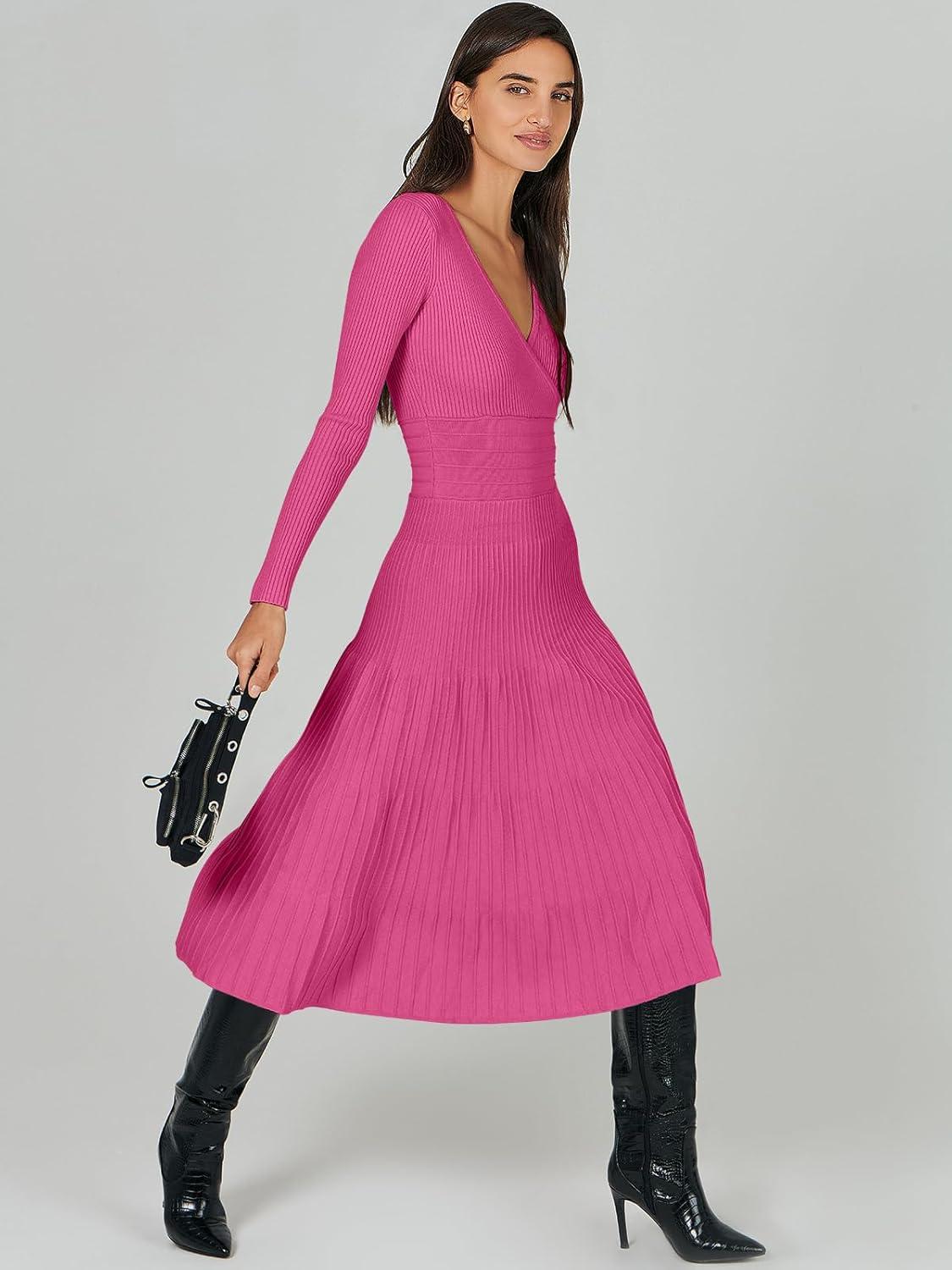 imageANRABESS Womens Wrap Midi Sweater Dresses Long Sleeve V Neck Ribbed Knit Bodycon High Waist Pleated ALine Dress 2025 TrendyHot Pink