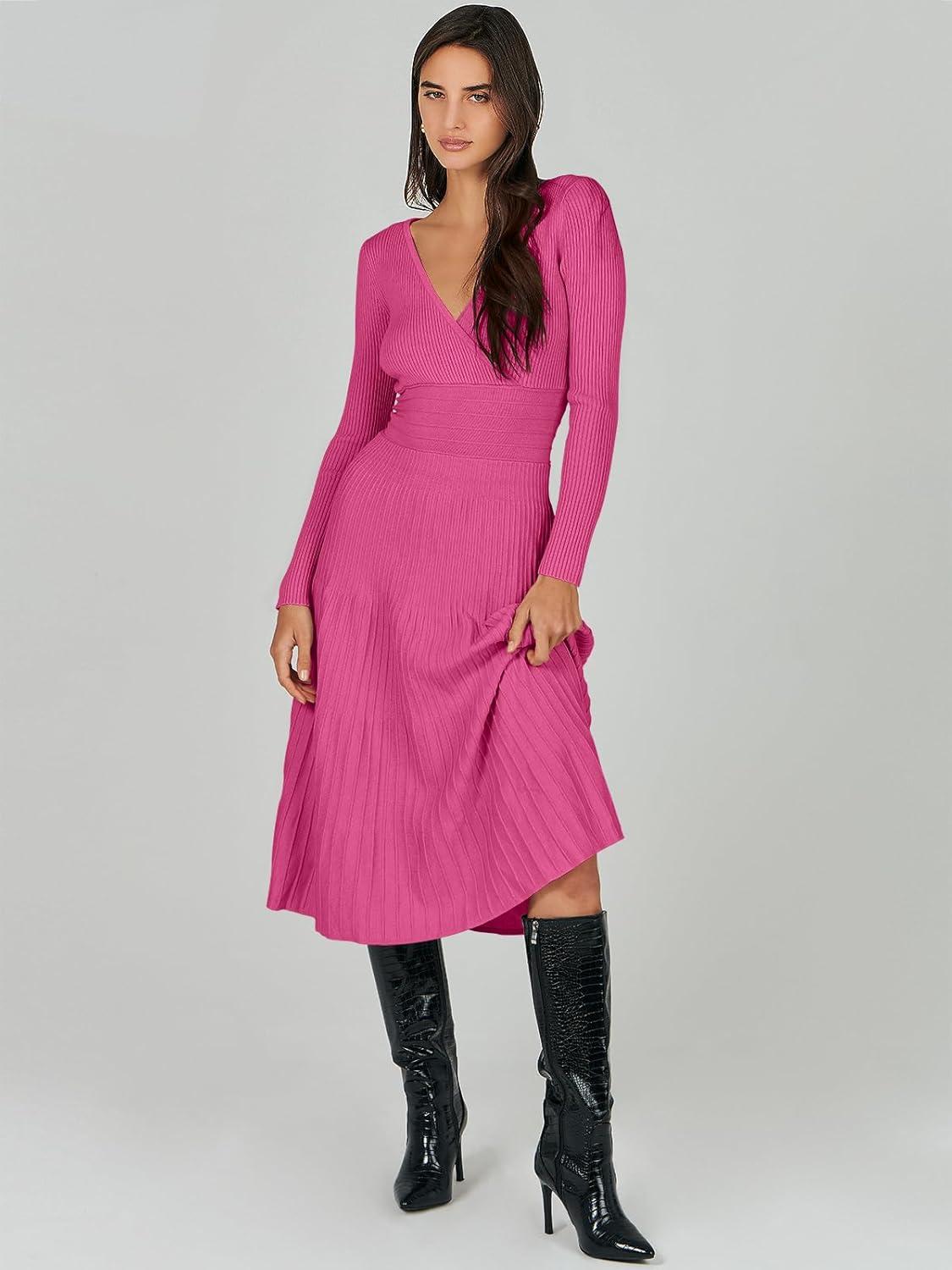 imageANRABESS Womens Wrap Midi Sweater Dresses Long Sleeve V Neck Ribbed Knit Bodycon High Waist Pleated ALine Dress 2025 TrendyHot Pink