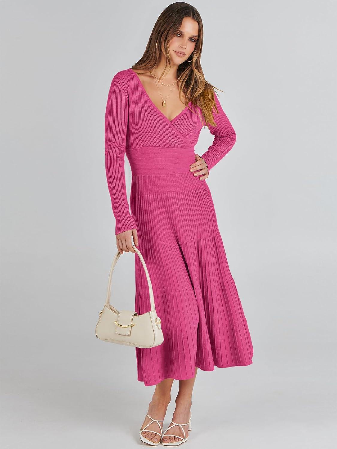 imageANRABESS Womens Wrap Midi Sweater Dresses Long Sleeve V Neck Ribbed Knit Bodycon High Waist Pleated ALine Dress 2025 TrendyHot Pink