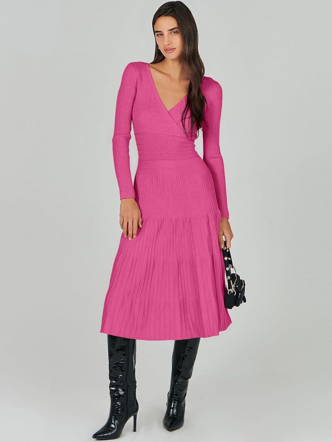 imageANRABESS Womens Wrap Midi Sweater Dresses Long Sleeve V Neck Ribbed Knit Bodycon High Waist Pleated ALine Dress 2025 TrendyHot Pink