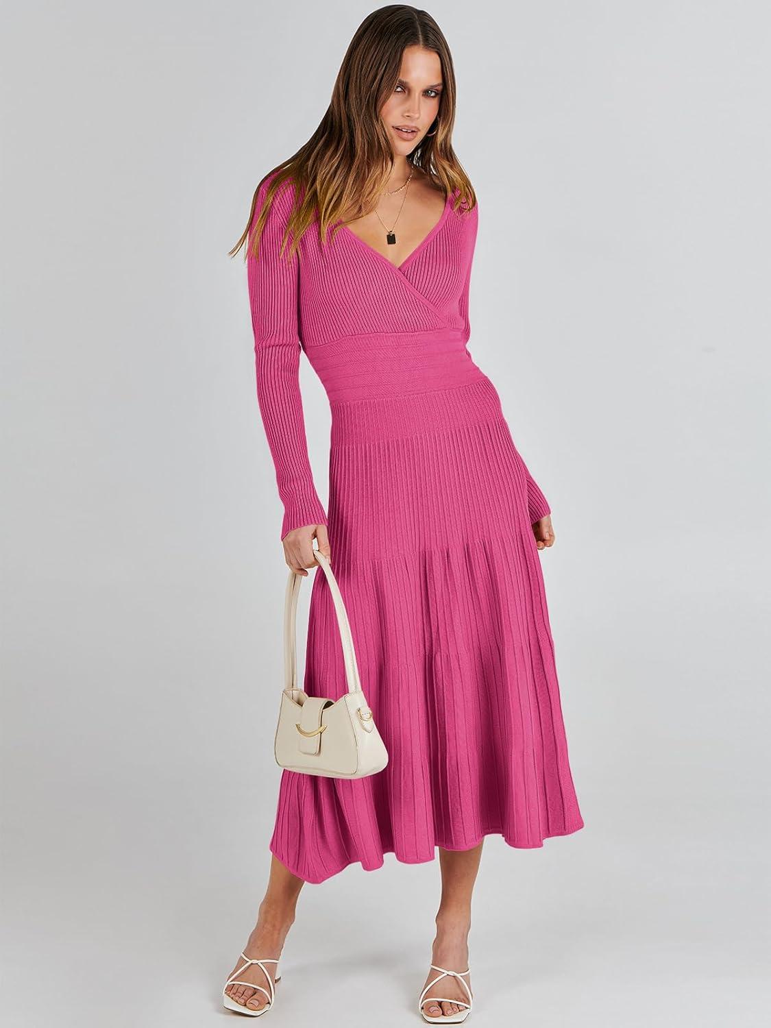 imageANRABESS Womens Wrap Midi Sweater Dresses Long Sleeve V Neck Ribbed Knit Bodycon High Waist Pleated ALine Dress 2025 TrendyHot Pink