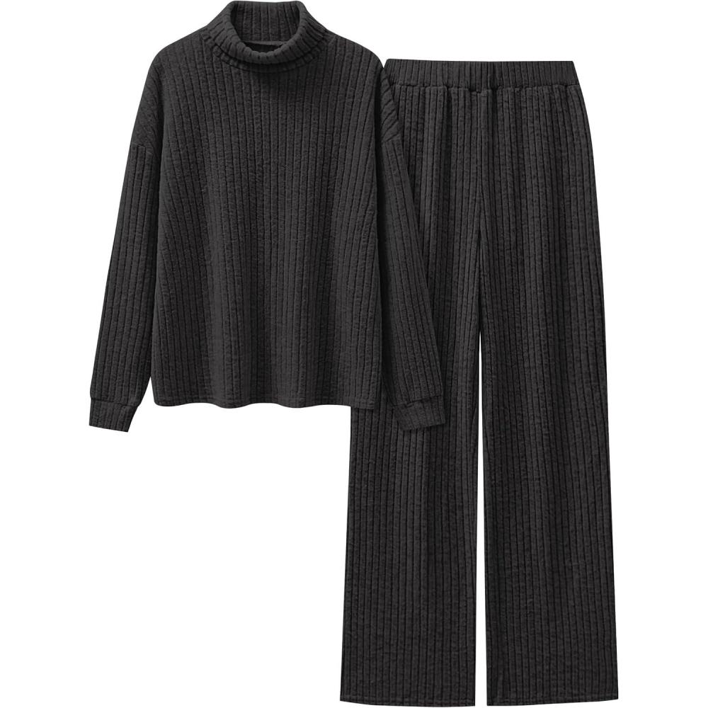 imageANRABESS 2 Piece Lounge Sets for Women Turtleneck Pajama Knit Long Sleeve Tops Pants Matching Pj Set Casual 2025 Fall ClothesBlack