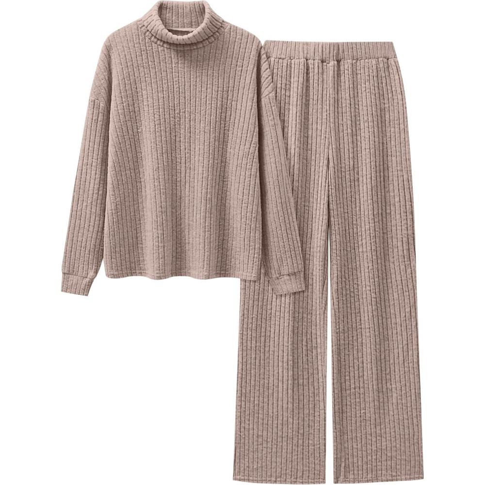 imageANRABESS 2 Piece Lounge Sets for Women Turtleneck Pajama Knit Long Sleeve Tops Pants Matching Pj Set Casual 2025 Fall ClothesTan