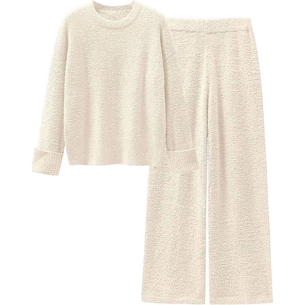 imageANRABESS 2 Piece Sets for Women Fall Fuzzy Fleece Pajama Sweater Knit Top Wide Leg Pants Loungewear 2025 Winter Cozy OutfitsBeige