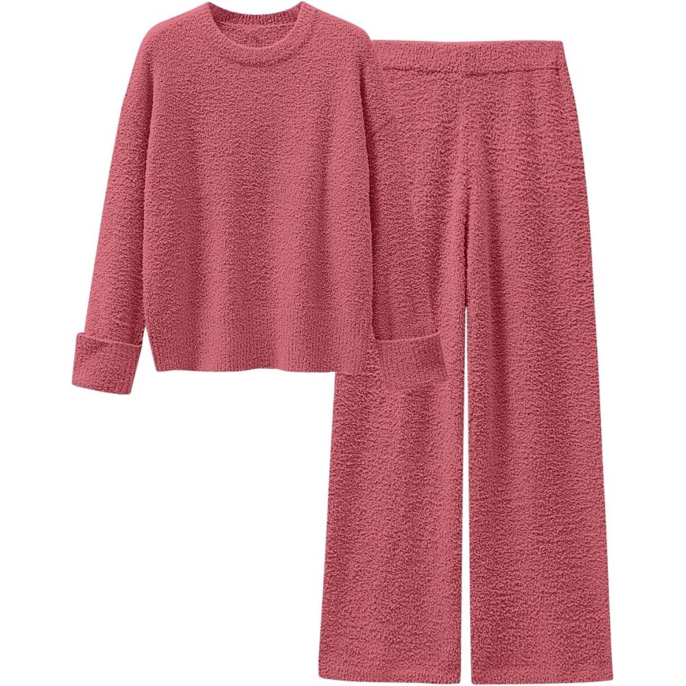 imageANRABESS 2 Piece Sets for Women Fall Fuzzy Fleece Pajama Sweater Knit Top Wide Leg Pants Loungewear 2025 Winter Cozy OutfitsBrick Red
